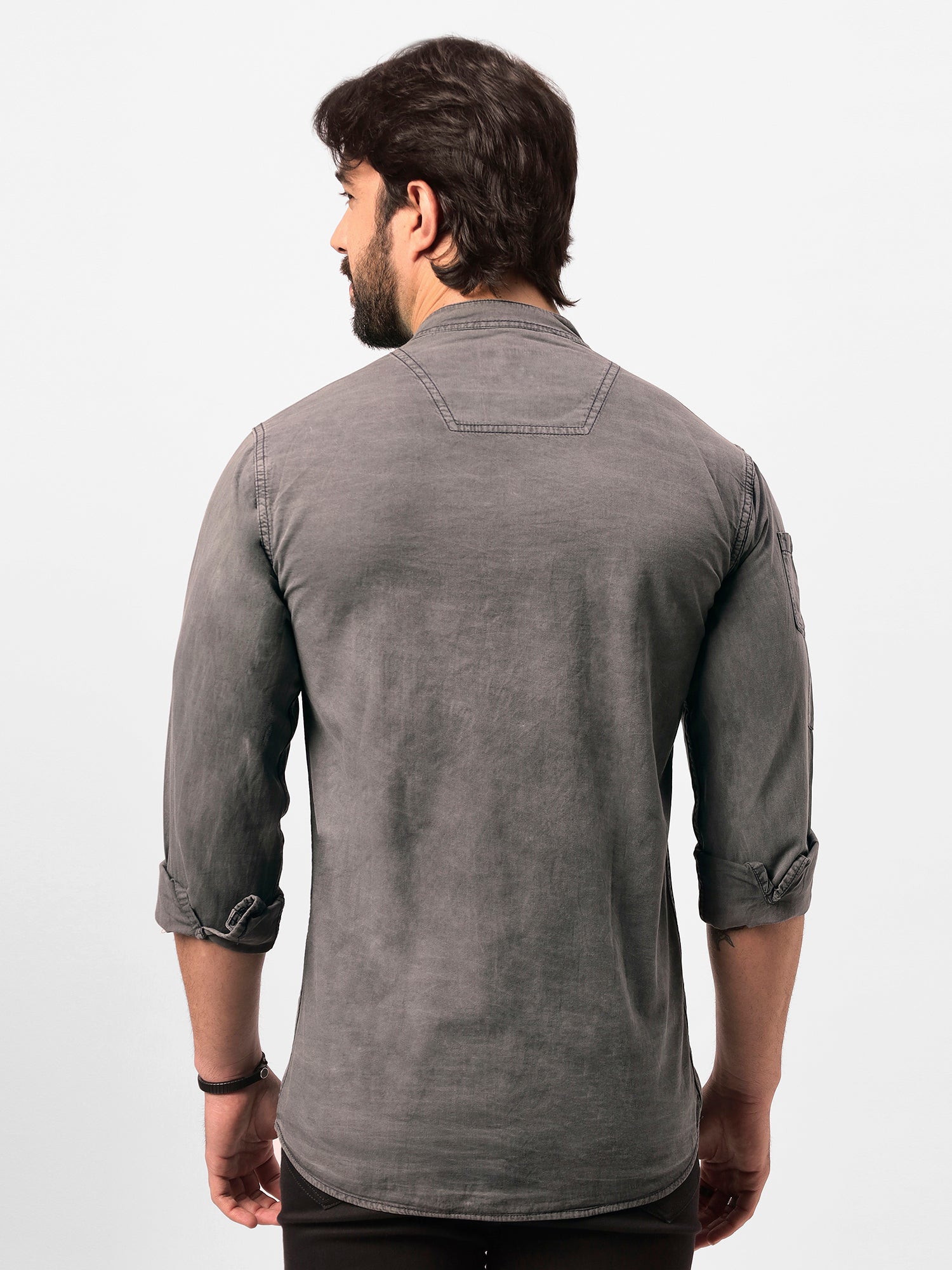 Dark Gray Pleated Designer Symbolic Denim Shirt