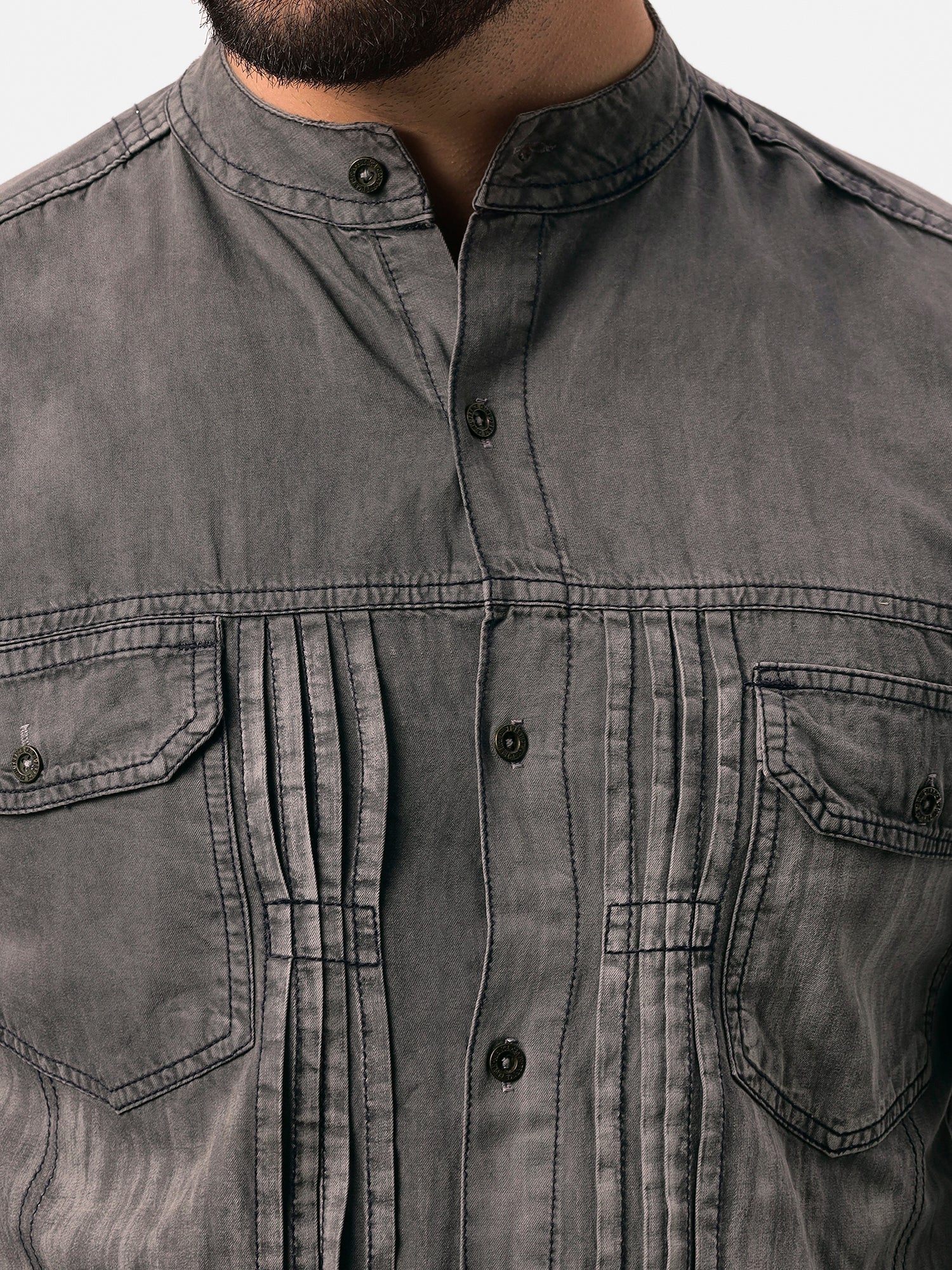 Dark Gray Pleated Designer Symbolic Denim Shirt