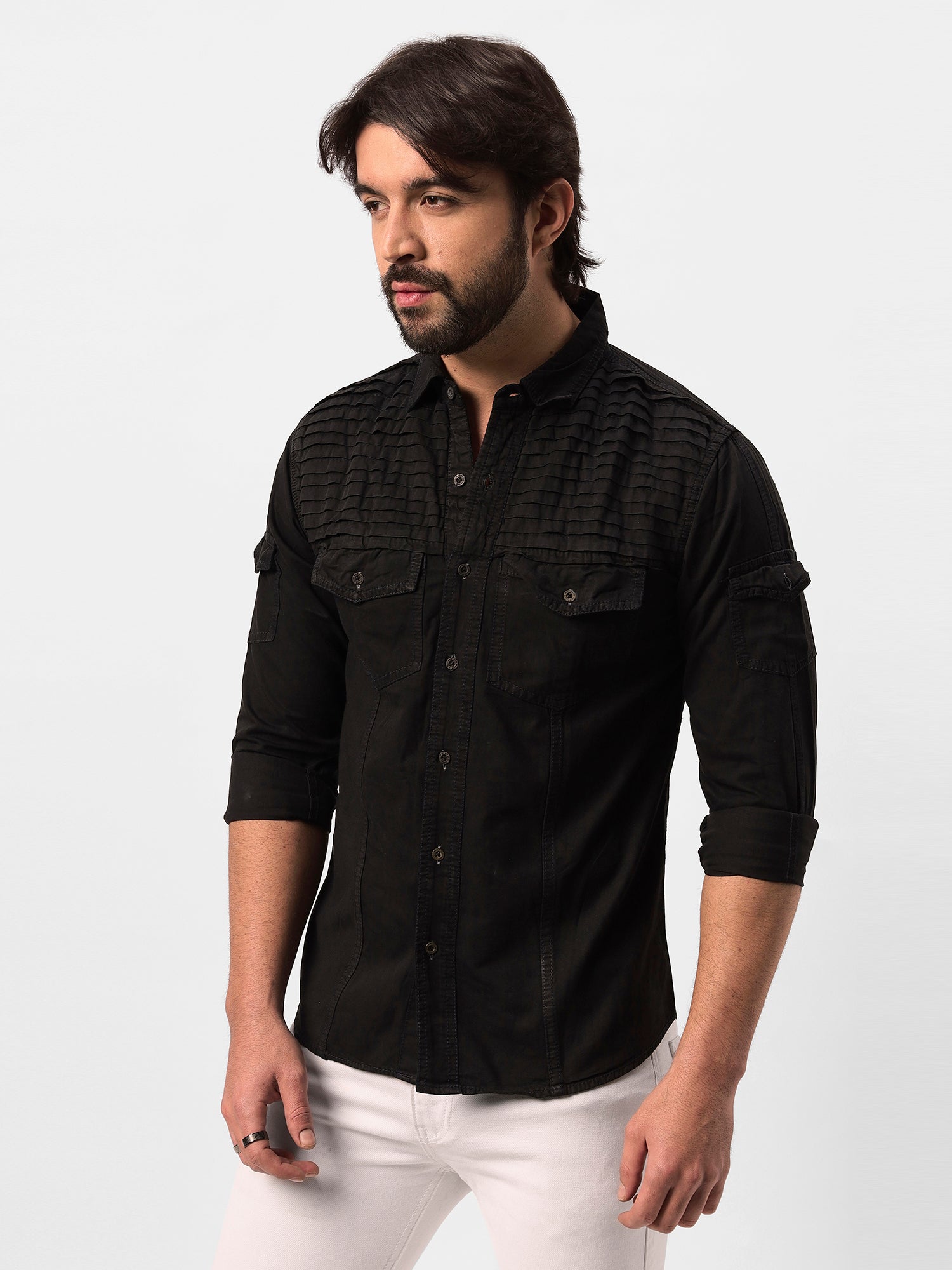 Jet Black Pleated Denim Designer Shirt