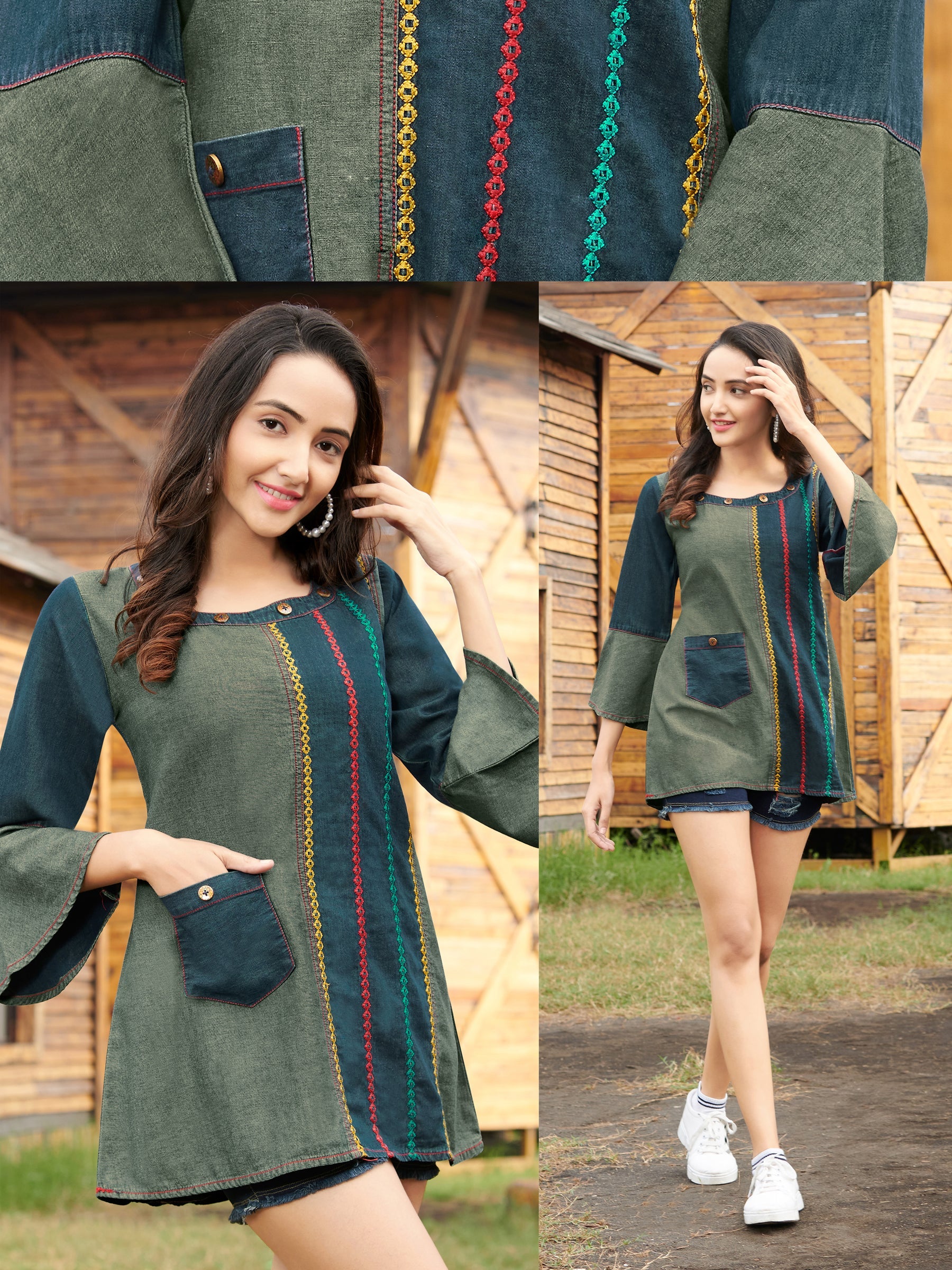 Green Denim Top with Multicolor Chain  Embroidered