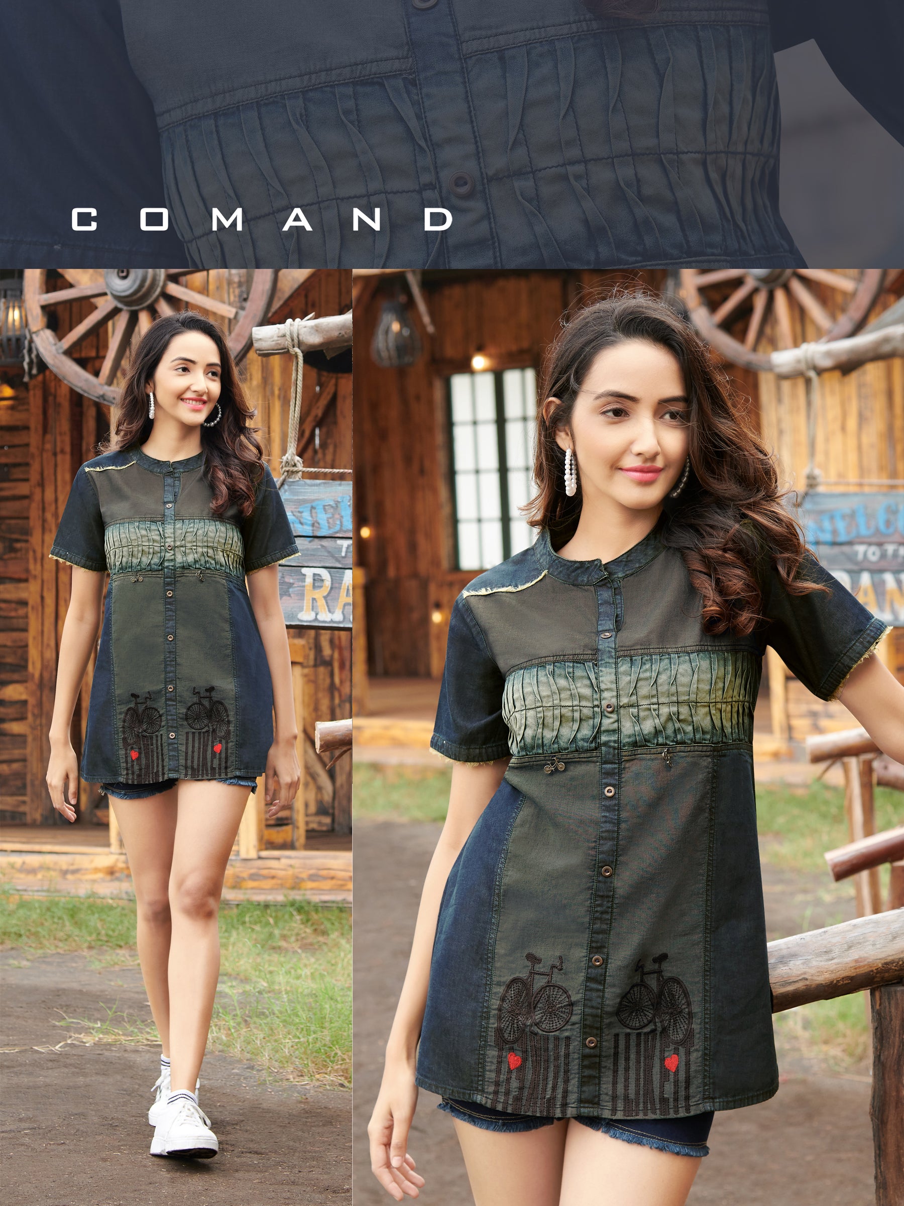 Henna Brown Denim Tunic Features Love Bicycle Embroidered
