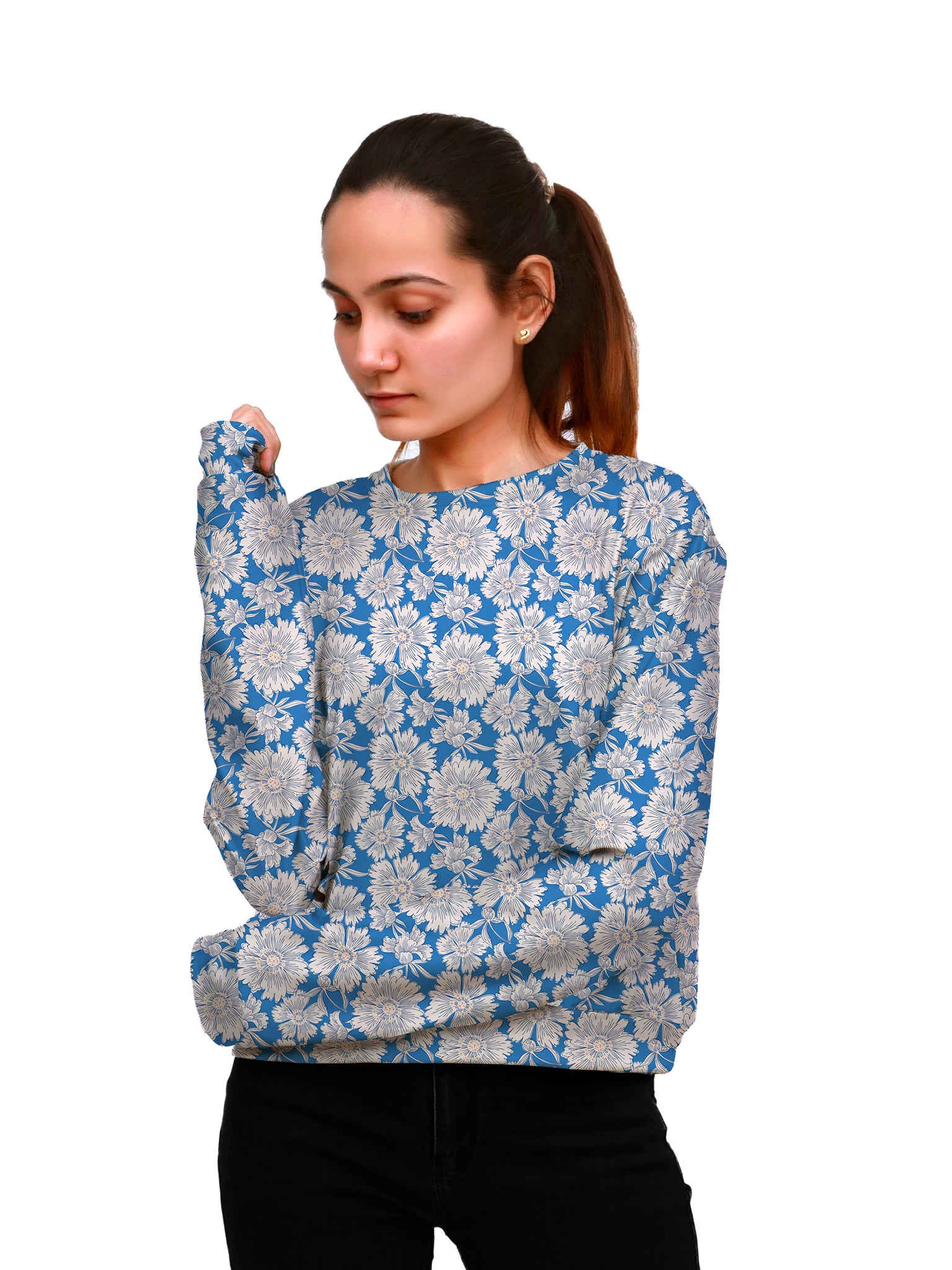Turkish Blue Top With Gray Floral Printed