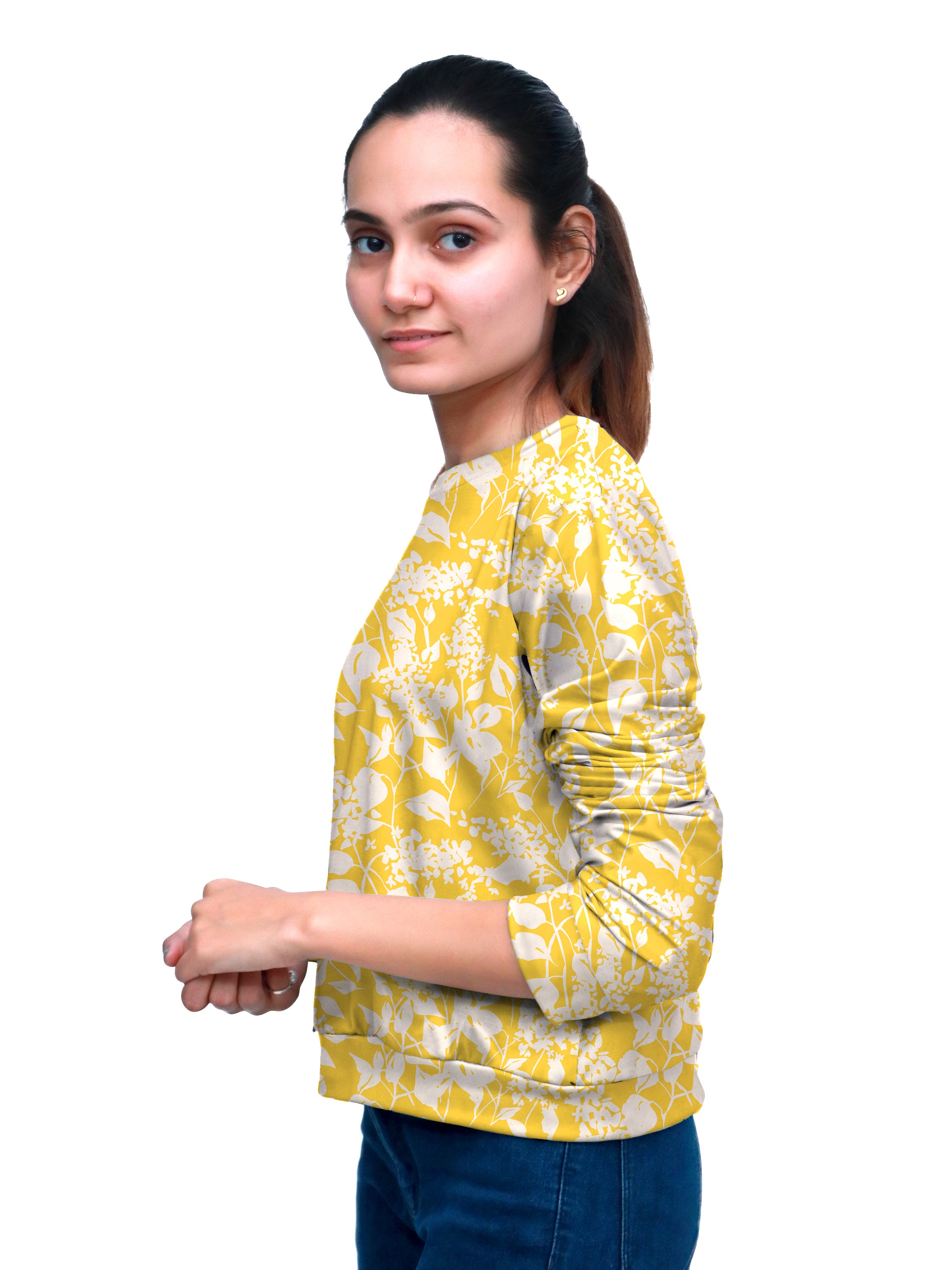 Yellow Women Full Sleeve Top With White Blossom Printed