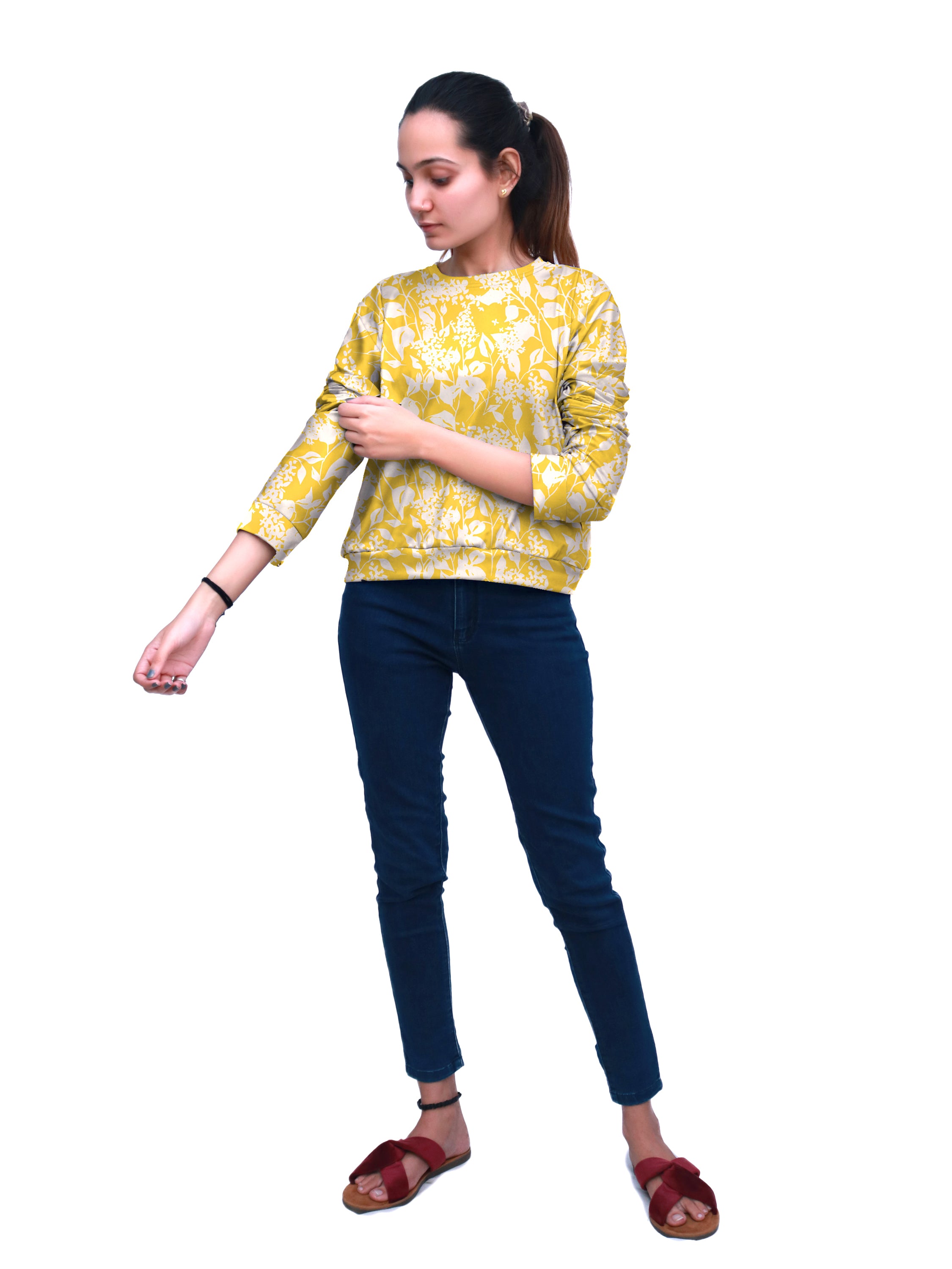 Yellow Women Full Sleeve Top With White Blossom Printed